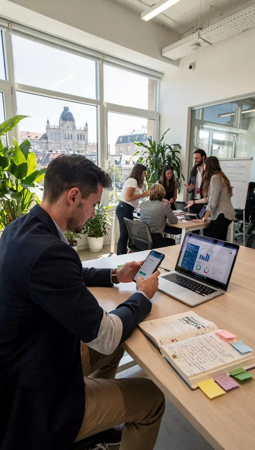 Csoportos tanulási szituáció, ahol résztvevők közösen dolgoznak a pénzügyi céljaik elérésén.